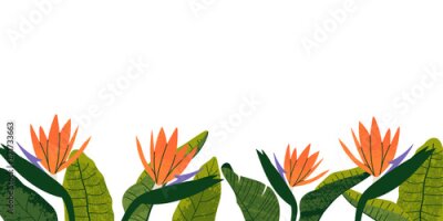 Papier peint  Horizontal summer tropical banner with copy space. Grunge textured leaves and blossom of strelitzia. Flat illustration for background, invitation, advertising, poster, social media