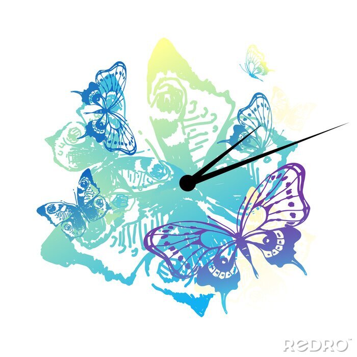 Papier peint  Horloge aiguilles et papillons