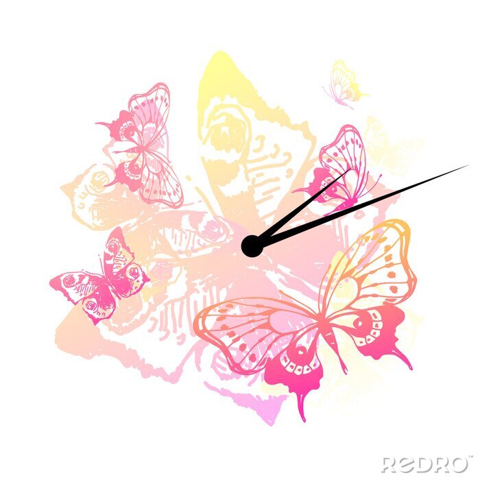 Papier peint  Horloge et papillons colorés
