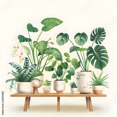 Papier peint  Houseplants care infographic. vector illustration of monstera, strelitzia, pothos, aglaonema, pilea. design of houseplant poster. flower shop, home garden concept isolated on white background, hyperre
