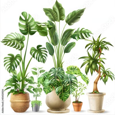 Papier peint  Houseplants care infographic. vector illustration of monstera, strelitzia, pothos, aglaonema, pilea. design of houseplant poster. flower shop, home garden concept isolated on white background, hyperre