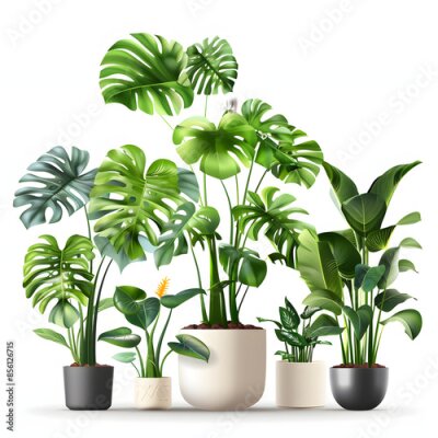 Papier peint  Houseplants care infographic. vector illustration of monstera, strelitzia, pothos, aglaonema, pilea. design of houseplant poster. flower shop, home garden concept isolated on white background, hyperre