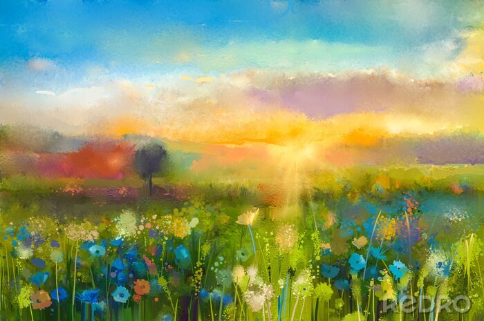 Papier peint  Huile peindre des fleurs de pissenlit, de bleuet, marguerite dans les champs. Coucher de soleil prairie paysage avec fleurs sauvages, colline et ciel orange et bleu fond de couleur. Main Peinture été 