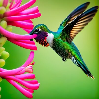 Papier peint  hummingbird and flower Hummingbird White-tailed Sabrewing flying next to beautiful Strelitzia red flower. Wildlife scene from tropical forest. Bird sucking nectar from bloom, animal behaviour, Trinida