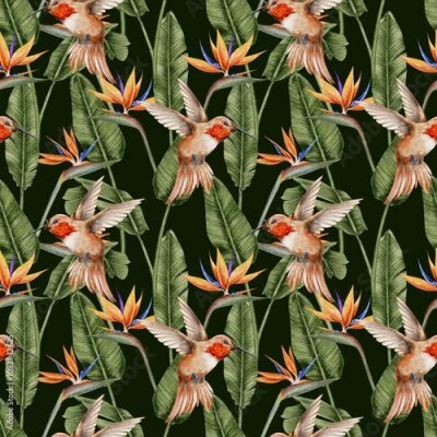 Papier peint  Hummingbird, strelitzia, and tropical leaves palm seamless pattern on dark background. Watercolor illustration for textile, fabric, wallpaper, card, packaging, party.