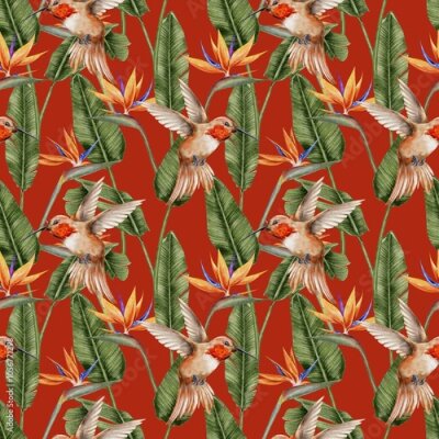 Papier peint  Hummingbird, strelitzia, and tropical leaves palm seamless pattern on red background. Watercolor illustration for textile, fabric, wallpaper, card, packaging, party.