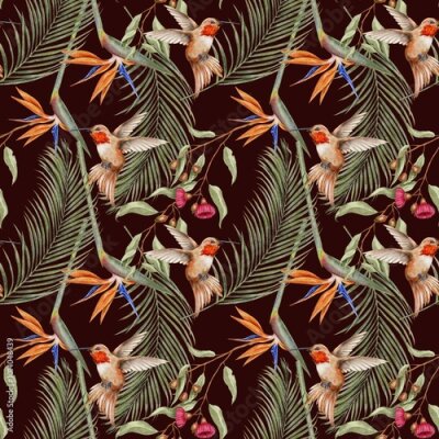 Papier peint  Hummingbird, strelitzia, eucalyptus and tropical leaves palm seamless pattern on dark background. Watercolor illustration for textile, fabric, wallpaper, card, packaging, party.