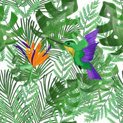 Papier peint  Hummingbird/colibri and orange strelitzia on tropical leaves. White background. Tropical summer print. Packaging, wallpaper, stationery, fabric, textile design