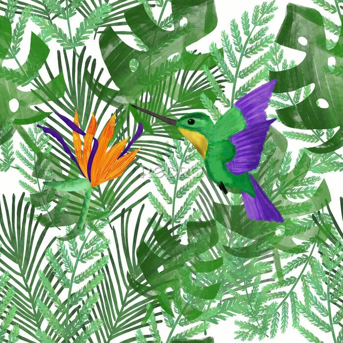 Papier peint  Hummingbird/colibri and orange strelitzia on tropical leaves. White background. Tropical summer print. Packaging, wallpaper, stationery, fabric, textile design