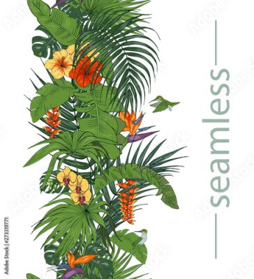 Papier peint  Hummingbirds and tropical flowers and leaves, Heliconia and strelitzia, palm and monstera leaves, seamless pattern, vector illustration
