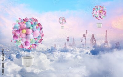 Papier peint  Icônes touristiques et ballons composition abstraite parmi les nuages