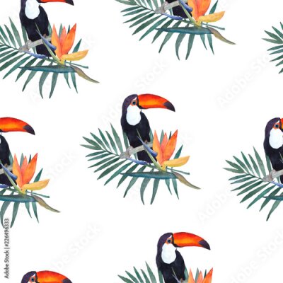 Papier peint  Illustration aquarelle, modèle sans couture. Toucan, feuille de palmier et fleur de strelitzia. Croquis dessiné à la main. Design d'impression.
