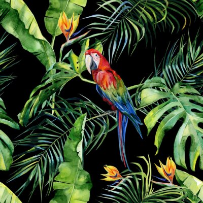 Papier peint  Illustration aquarelle sans couture des feuilles tropicales, jungle dense. Scarlet Macaw Parrot. Strelitzia reginae flower. Peinte à la main. Motif avec motifs tropicaux pour l'été. Feuilles de palmie