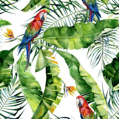 Papier peint  Illustration aquarelle sans couture des feuilles tropicales, jungle dense. Scarlet Macaw Parrot. Strelitzia reginae flower. Peinte à la main. Motif avec motifs tropicaux pour l'été. Feuilles de palmie