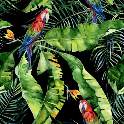 Papier peint  Illustration aquarelle sans couture des feuilles tropicales, jungle dense. Scarlet Macaw Parrot. Strelitzia reginae flower. Peinte à la main. Motif avec motifs tropicaux pour l'été. Feuilles de palmie
