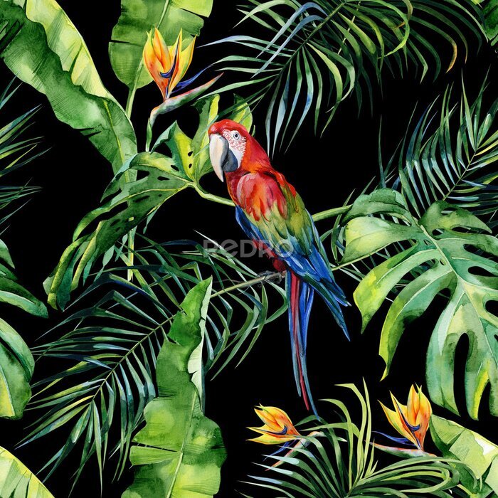 Papier peint  Illustration aquarelle sans couture des feuilles tropicales, jungle dense. Scarlet Macaw Parrot. Strelitzia reginae flower. Peinte à la main. Motif avec motifs tropicaux pour l'été. Feuilles de palmie