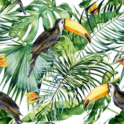Papier peint  Illustration aquarelle transparente d'oiseau toucan. Ramphastos. Feuilles tropicales, jungle dense. Strelitzia reginae fleur. Peinte à la main. Modèle avec motif d'été tropique. Feuilles de cocotier.