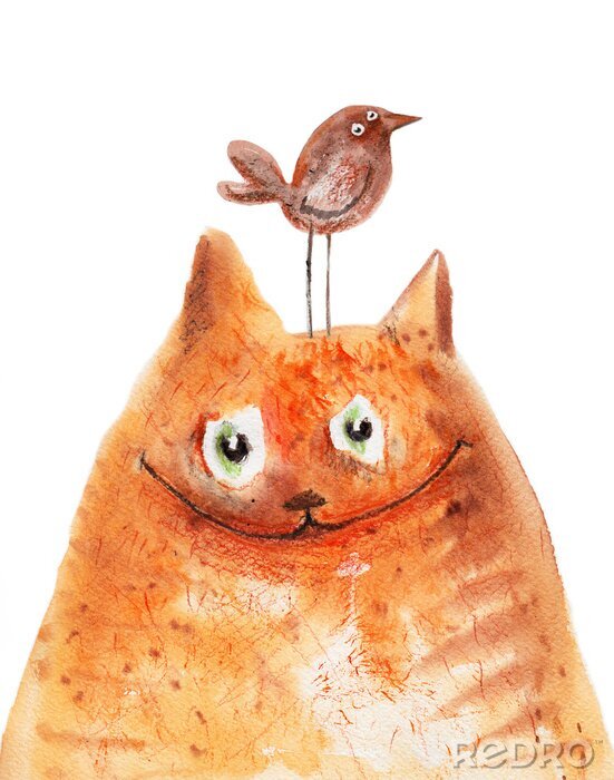 Papier peint  Illustration chat et oiseau