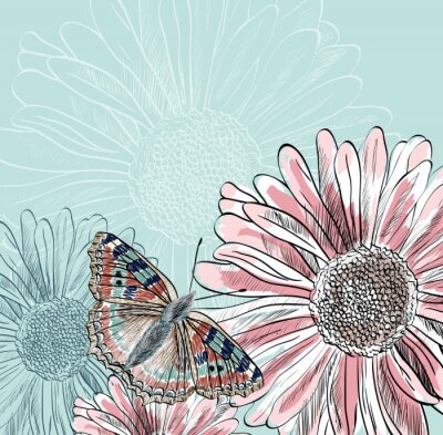 Papier peint  Illustration d'un papillon sur des fleurs