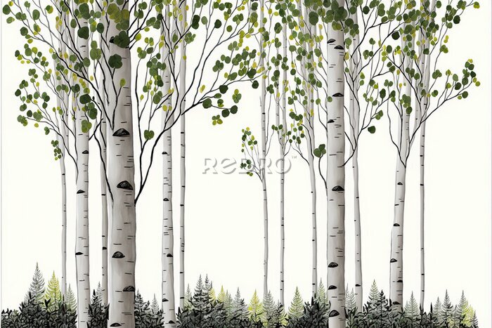 Papier peint  Illustration d'une forêt de bouleaux en été
