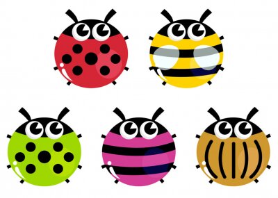 Illustration de cinq coléoptères colorés pour les enfants