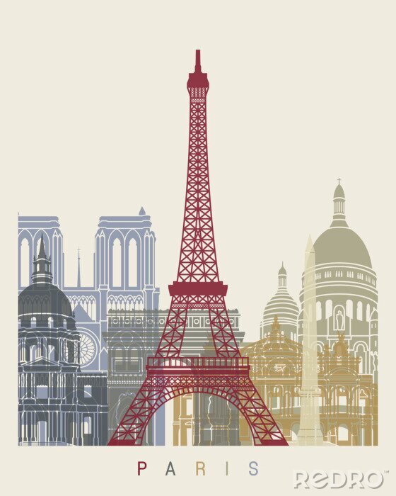 Papier peint  Illustration de monuments parisiens avec la tour Eiffel sur fond beige