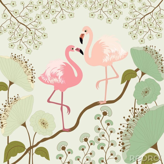Papier peint  Illustration florale avec des oiseaux