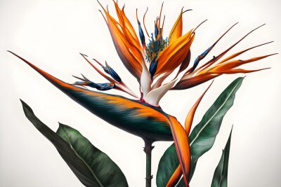 Papier peint  Illustration flower Strelitzia reginae, 3d render bird of paradise abstract with a white background