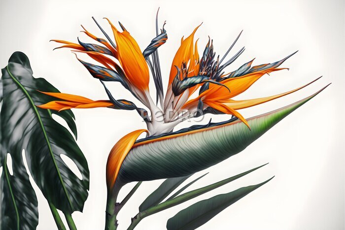 Papier peint  Illustration flower Strelitzia reginae, 3d render bird of paradise abstract with a white background