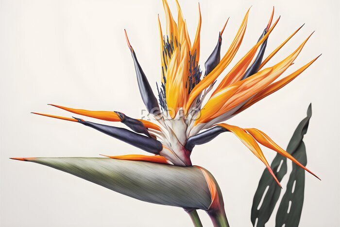 Papier peint  Illustration flower Strelitzia reginae, 3d render bird of paradise abstract with a white background