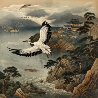 Papier peint  Illustration japonaise traditionnelle avec une grue
