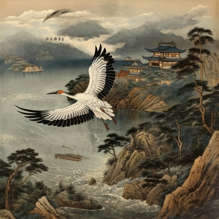 Papier peint  Illustration japonaise traditionnelle avec une grue