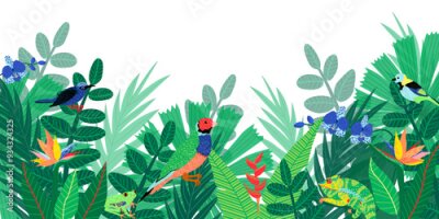 Papier peint  Illustration of a botanical background featuring tropical animals and various tropical leaves and flowers on a white. Ideal for social media posts, mobile apps, banner design, and web. Hand-drawn