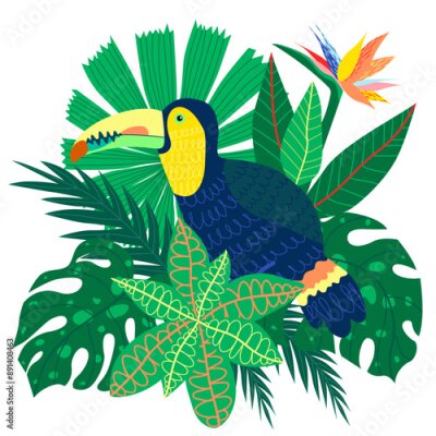 Papier peint  Illustration of a bouquet featuring a stylized toucan bird, strelitzia tropical flowers and exotic leaves. Tropical card is isolated on a white background, ideal for invitation cards and banners