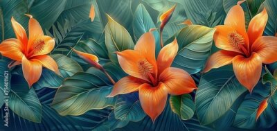 Papier peint  Illustration of a collection of orange strelitzia flowers against a backdrop of green leaves