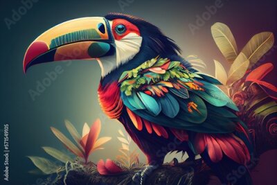 Papier peint  Illustration of a tropical rainforest with parrot. Tropical wallpaper background with plants and birds. Generative AI