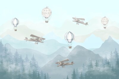 Papier peint  Illustration of flying planes and balloons with a blue background. Slightly misty forest and high mountains. Kids wallpaper style.