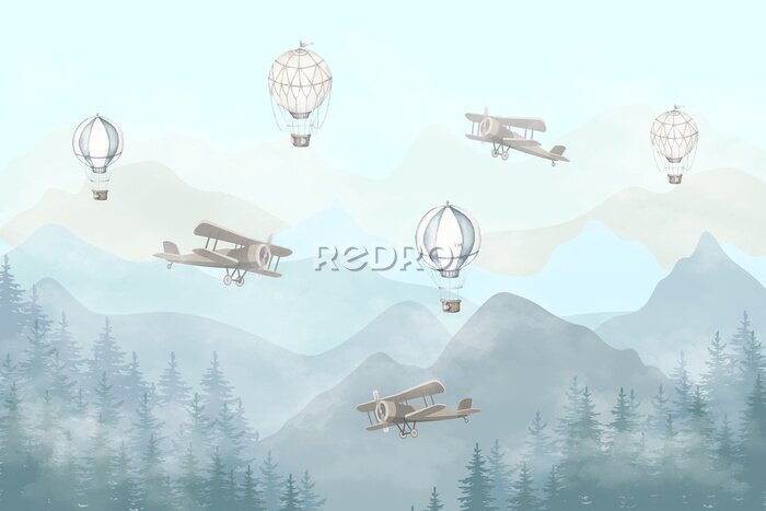 Papier peint  Illustration of flying planes and balloons with a blue background. Slightly misty forest and high mountains. Kids wallpaper style.