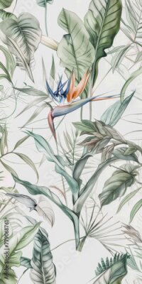 Papier peint  Illustration of lush tropical foliage with a vibrant Strelitzia reginae, commonly known as Bird of Paradise flower, amidst green leaves.