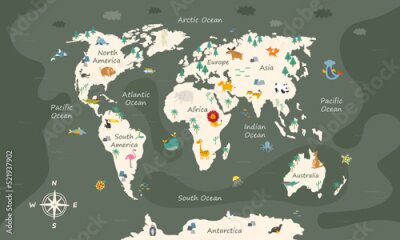 Papier peint  Illustration pour enfants animaux et poissons sur une carte du monde