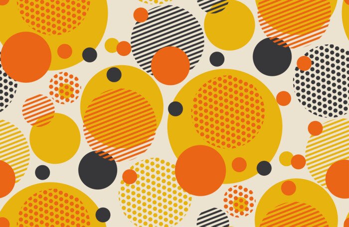 Papier peint  Illustration vectorielle de cercle géométrique transparente motif dans le style des années 60 rétro. Motif abstraite des années 1970 boule formes dans les couleurs chaudes orange et jaunes pour tapis,