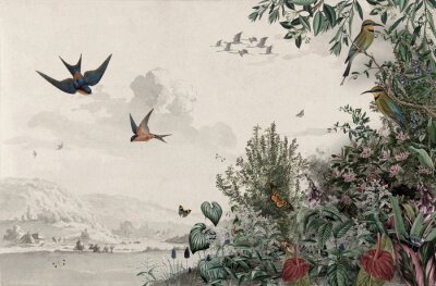 Illustration vintage de plantes sauvages et d'oiseaux