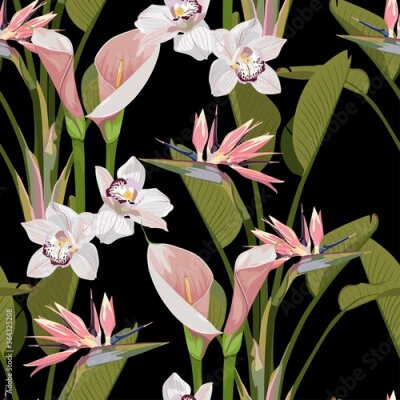 Papier peint  Illustration with pink exotic flowers. Beautiful seamless background with tropical flowers on black. Composition with calla lily, orchids and paradise strelitzia with leaves.