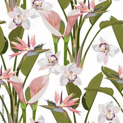 Papier peint  Illustration with pink exotic flowers. Beautiful seamless background with tropical flowers on white. Composition with calla lily, orchids and paradise strelitzia with leaves.