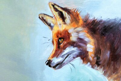 Papier peint  Illustrazione o dipinto ad olio di un animale selvatico, volpe rossa di profilo su sfondo azzurro con texture