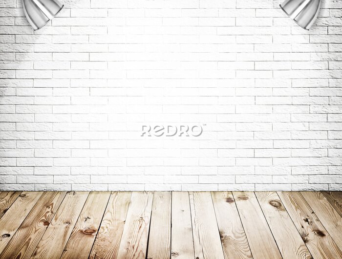 Papier peint  Intérieur de la chambre avec un mur de briques blanches et plancher de bois fond