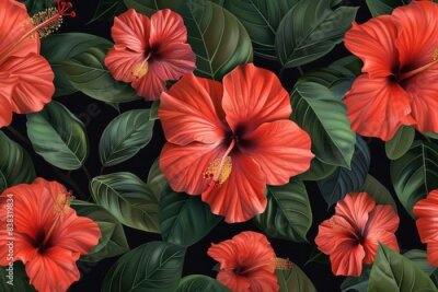 Papier peint  Intricate seamless pattern of red hibiscus and strelitzia flowers on black background. Exotic jungle wallpaper. Generative AI.