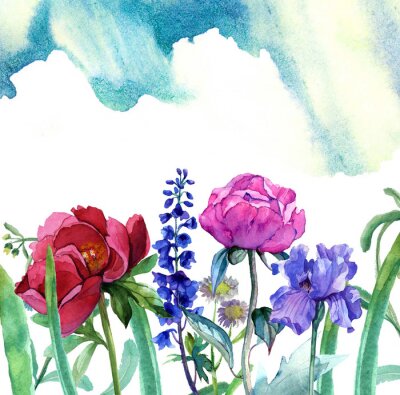 Papier peint  Iris et pivoines aquarelles