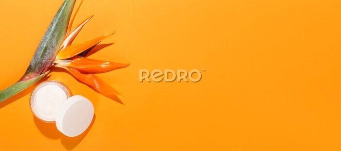 Papier peint  Jar of cream and beautiful strelitzia flower on orange background with space for text