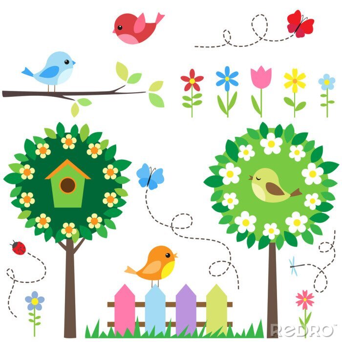Papier peint  Jardin avec une clôture arc-en-ciel illustration multicolore